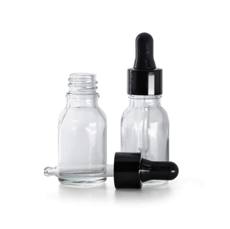 Flacone in vetro, trasparente, contagocce nero lucido, 15 ml