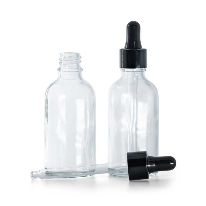 Bottiglia in vetro, trasparente, contagocce nero lucido, 50 ml