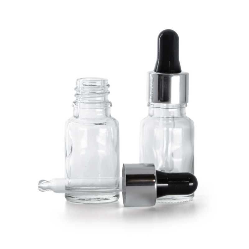 Flacone di vetro, trasparente, contagocce nero argento, 10 ml