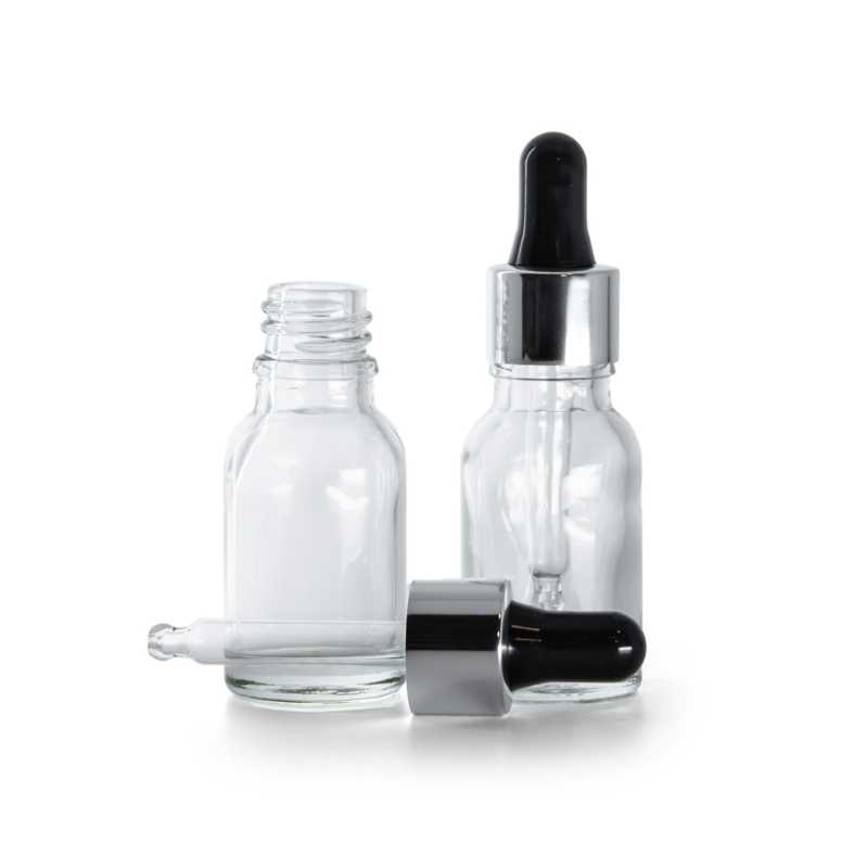Flacone in vetro, trasparente, contagocce nero argento, 15 ml