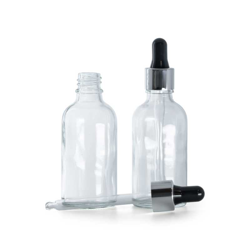 Flacone in vetro, trasparente, contagocce nero argento, 30 ml