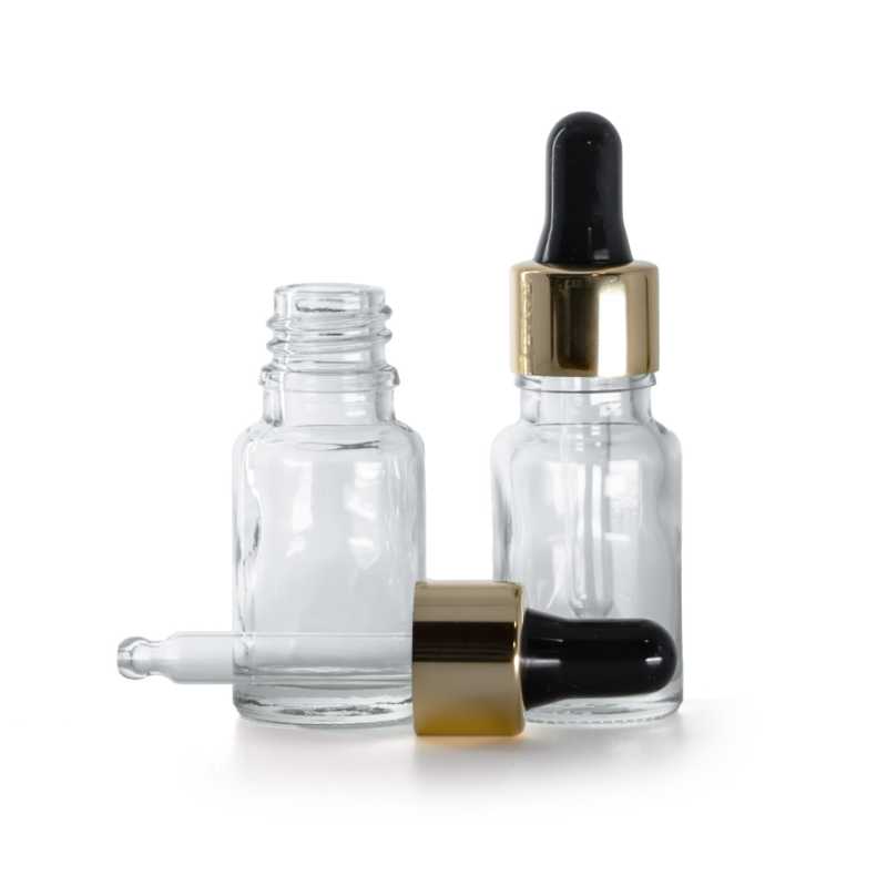 Flacone in vetro, trasparente, contagocce nero e oro, 10 ml