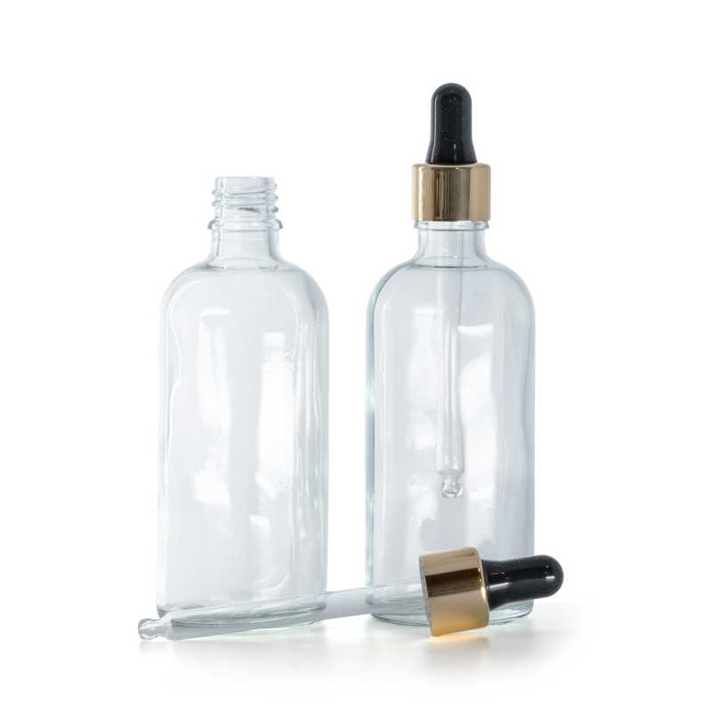 Flacone in vetro, trasparente, contagocce nero e oro, 100 ml