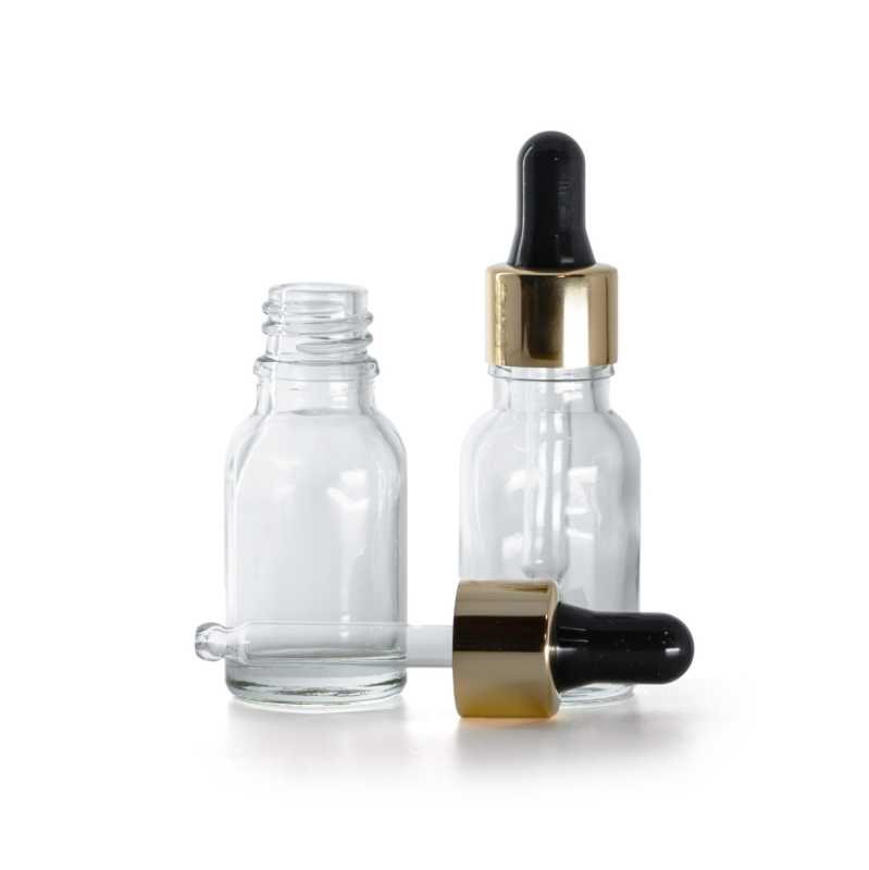Flacone in vetro, trasparente, contagocce nero e oro, 15 ml