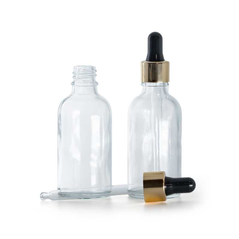 Flacone in vetro, trasparente, contagocce nero oro, 30 ml
