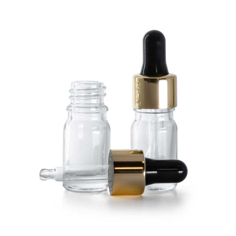 Flacone in vetro, trasparente, contagocce nero oro, 5 ml