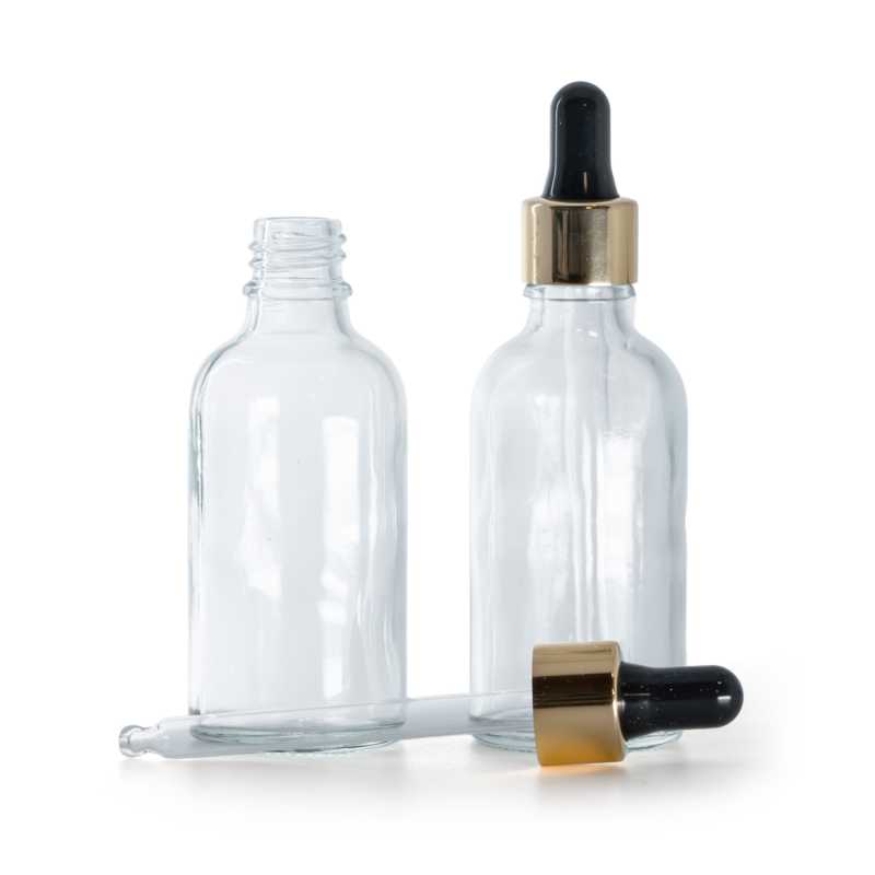 Flacone in vetro, trasparente, contagocce nero oro, 50 ml