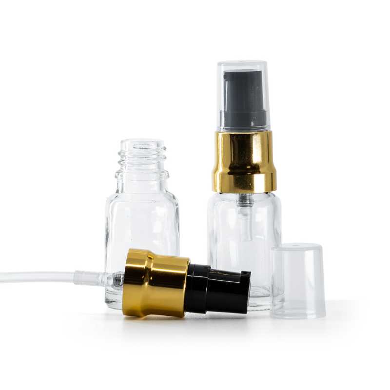 Flacone in vetro, trasparente, dosatore nero oro lucido, capsula trasparente, 10 ml