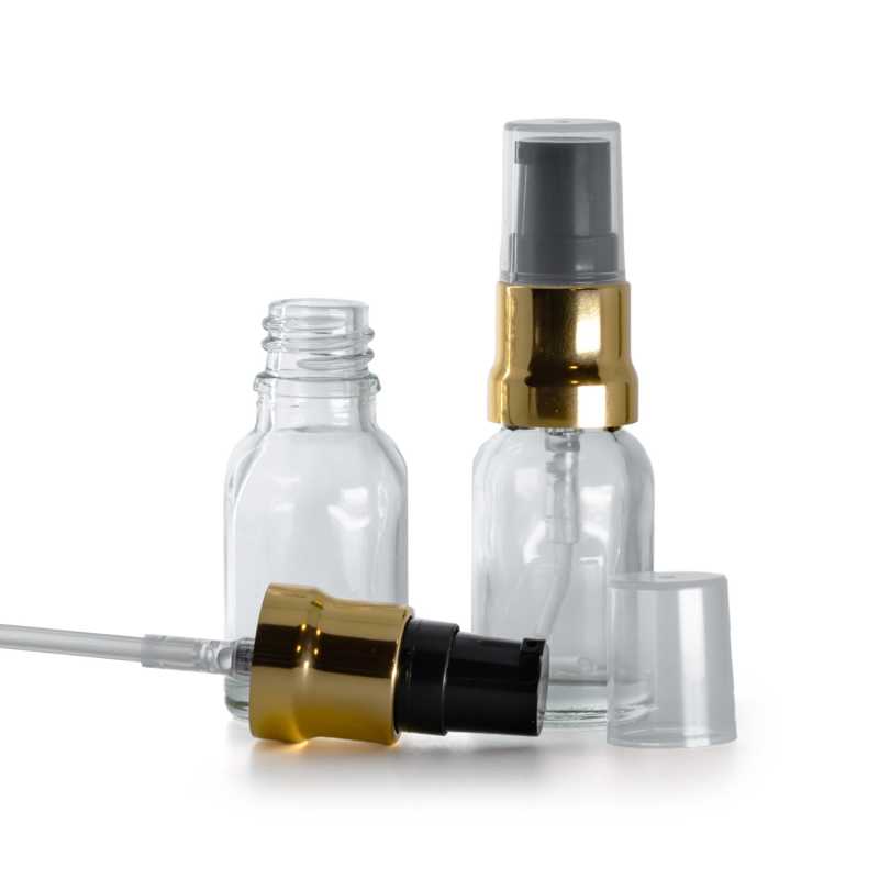 Flacone in vetro, trasparente, dispenser nero oro lucido, cappuccio trasparente, 15 ml