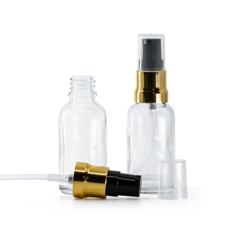 Flacone in vetro, trasparente, dispenser nero oro lucido, tappo trasparente, 30 ml