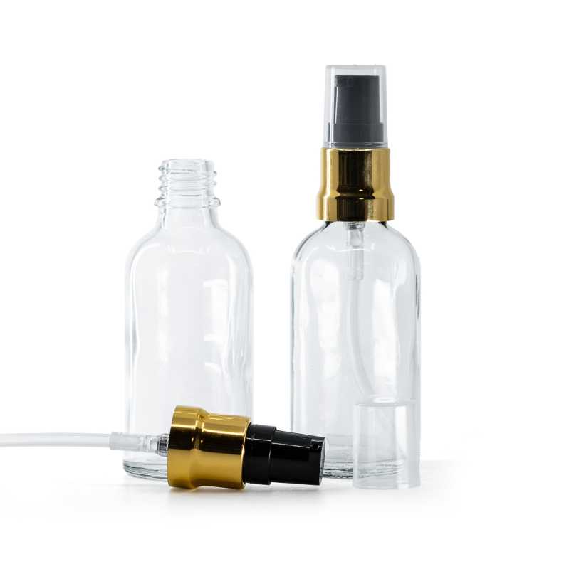 Bottiglia in vetro, trasparente, erogatore nero oro lucido, cappuccio trasparente, 50 ml