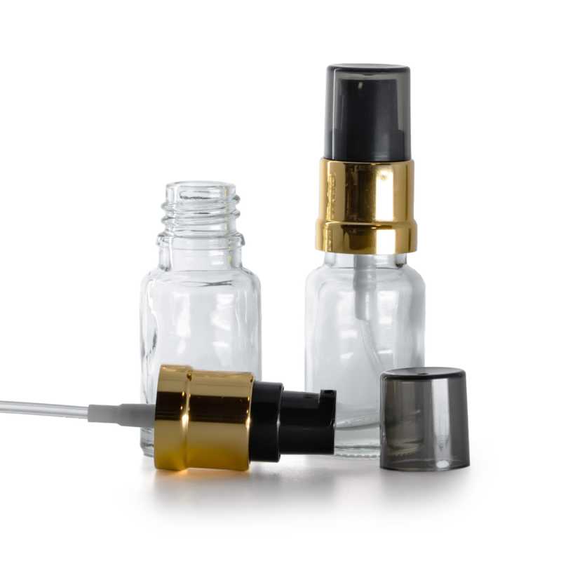 Flacone di vetro trasparente, pompa nera dorata lucida con sopra-tappo fumé, 10 ml