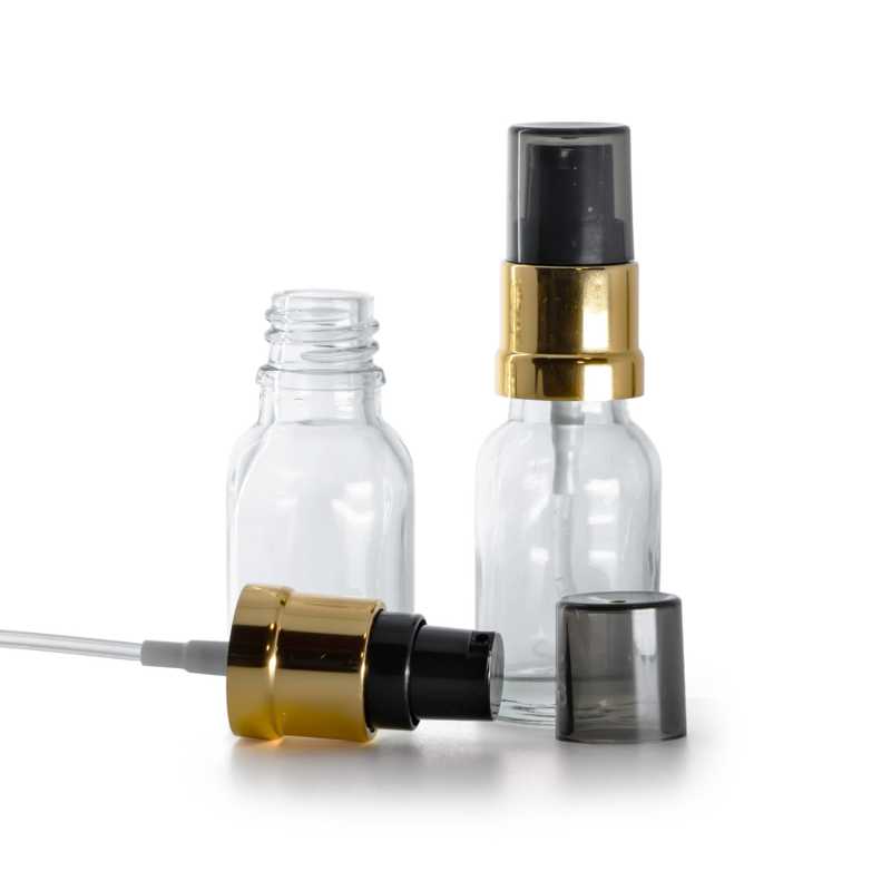 Flaconcino di vetro trasparente, dosatore nero e dorato lucido con sopra-tappo fumé, 15 ml