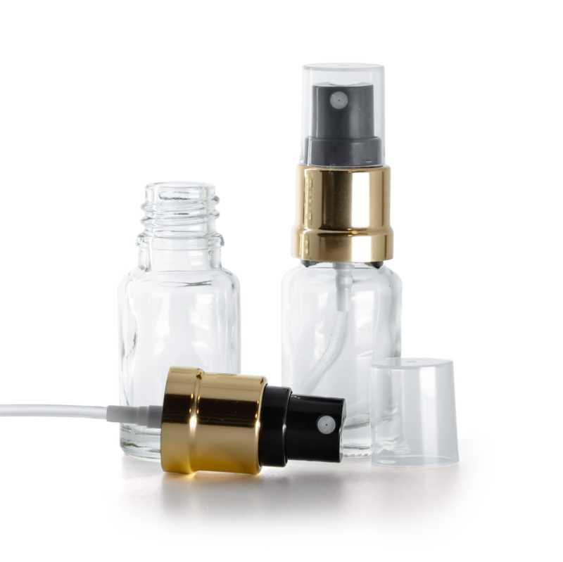 Bottiglia in vetro, trasparente, spruzzatore nero oro lucido, 10 ml