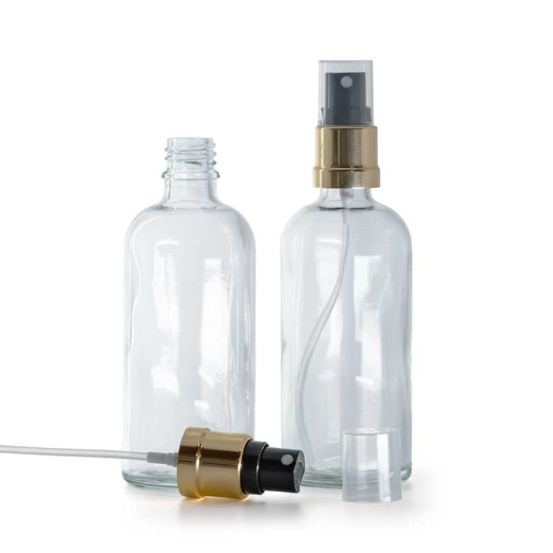 Flacone in vetro, trasparente, spruzzatore nero oro lucido, 100 ml
