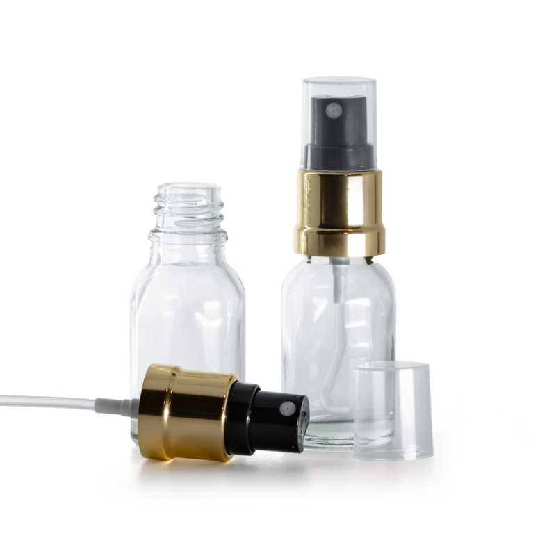 Bottiglia in vetro, spruzzatore, trasparente, nero e oro, 15 ml