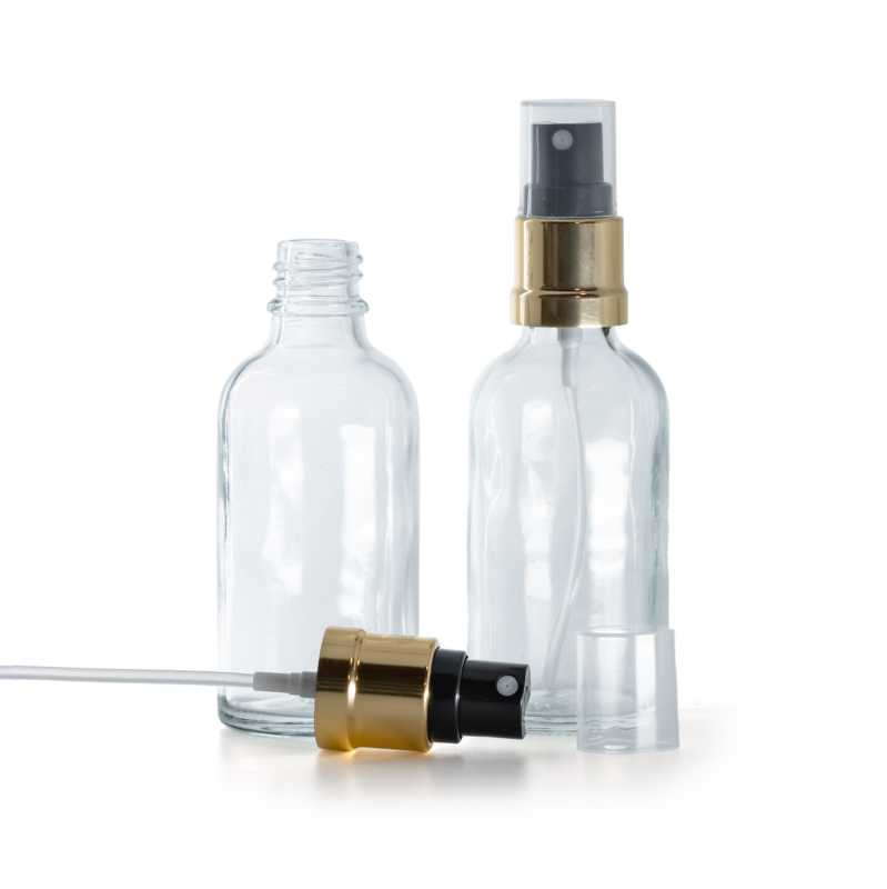 Flacone in vetro, trasparente, spruzzatore nero oro, 30 ml