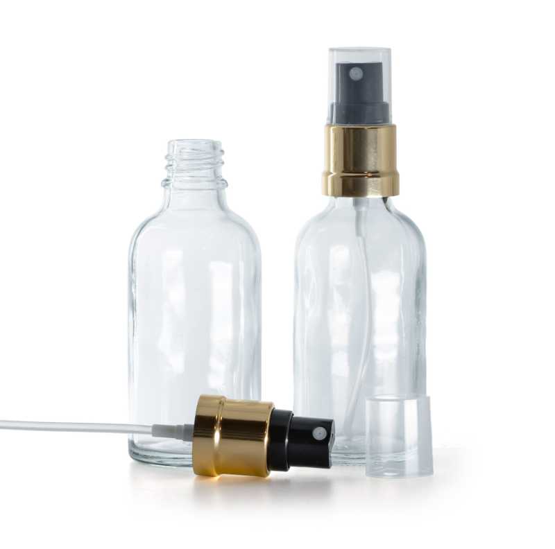Bottiglia in vetro, trasparente, spruzzatore nero oro lucido, 50 ml