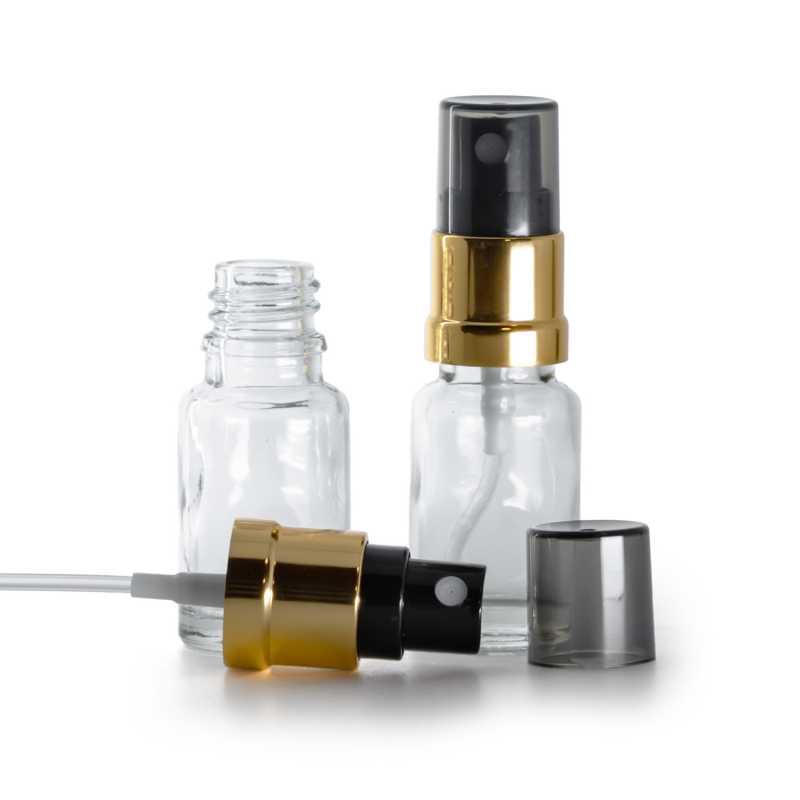 Flacone di vetro trasparente, spruzzatore nero e dorato, sopra-tappo fumé, 10 ml