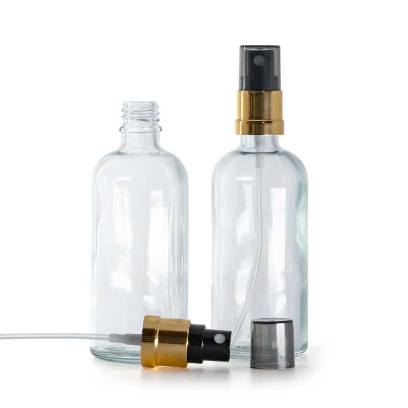 Flacone di vetro trasparente, spruzzatore nero e oro, sopra-tappo fumé, 100 ml