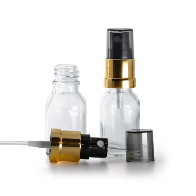 Flaconcino di vetro trasparente, spruzzatore nero e dorato, sopra-tappo fumé, 15 ml