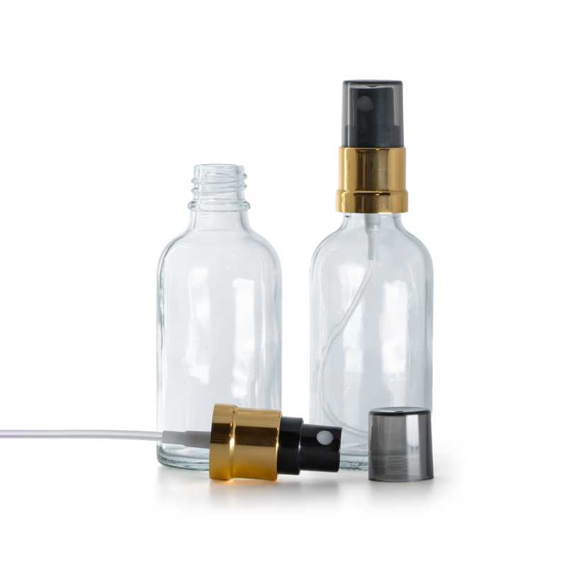 Flacone di vetro trasparente, spruzzatore nero e dorato, sopra-tappo fumé, 30 ml