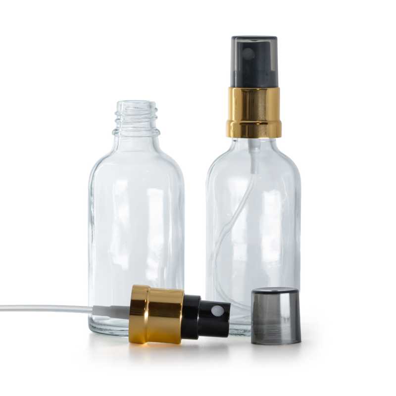Flacone di vetro trasparente, spruzzatore nero e dorato, sopra-tappo fumé, 50 ml