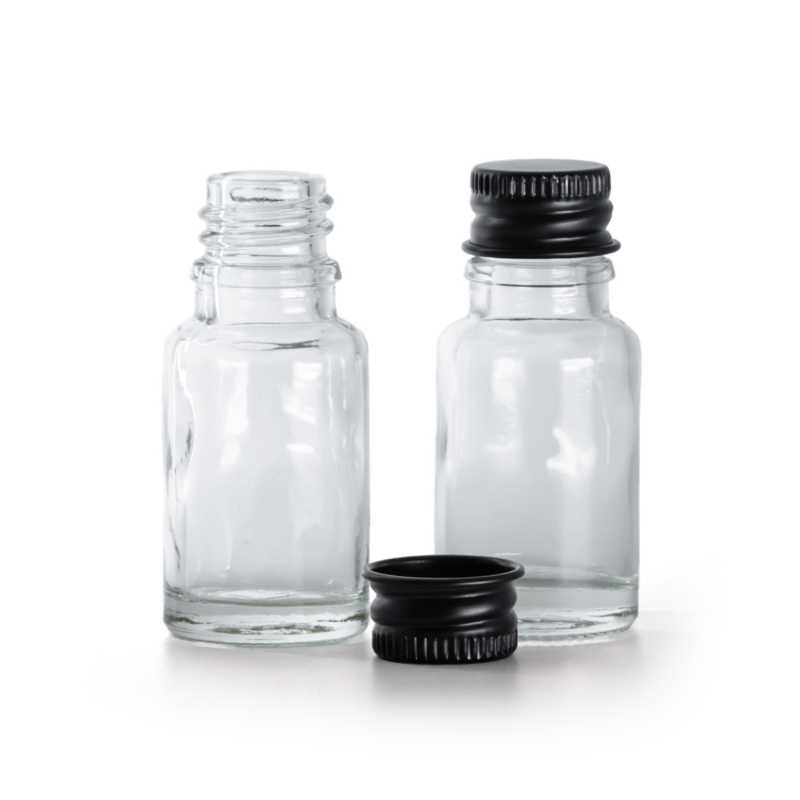 Flacone in vetro, trasparente, tappo in alluminio nero, 10 ml