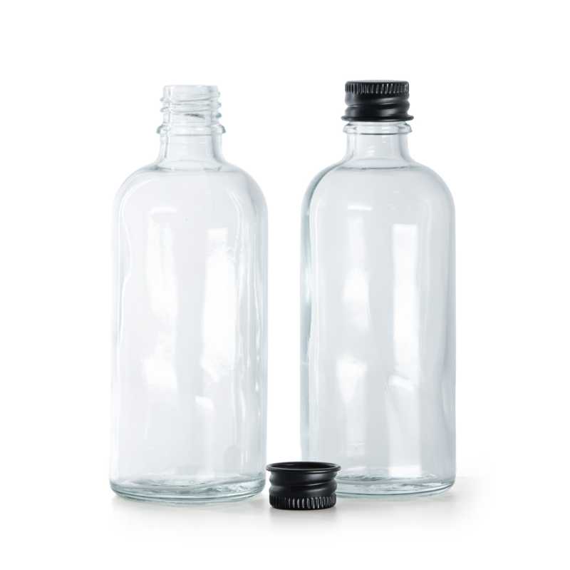 Bottiglia in vetro, trasparente, tappo in alluminio nero, 100 ml