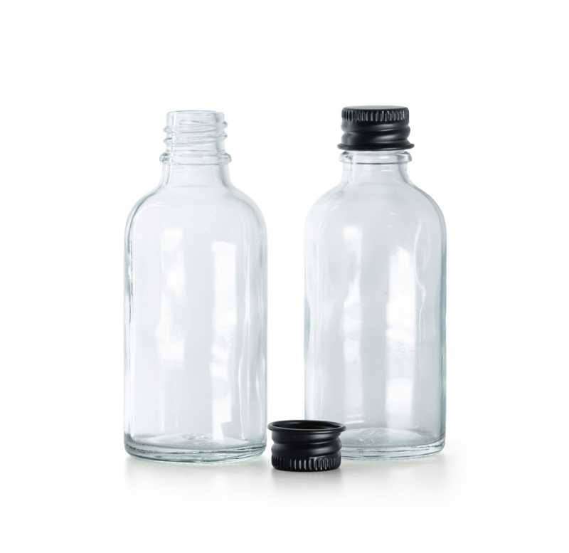Bottiglia in vetro, trasparente, tappo in alluminio nero, 30 ml