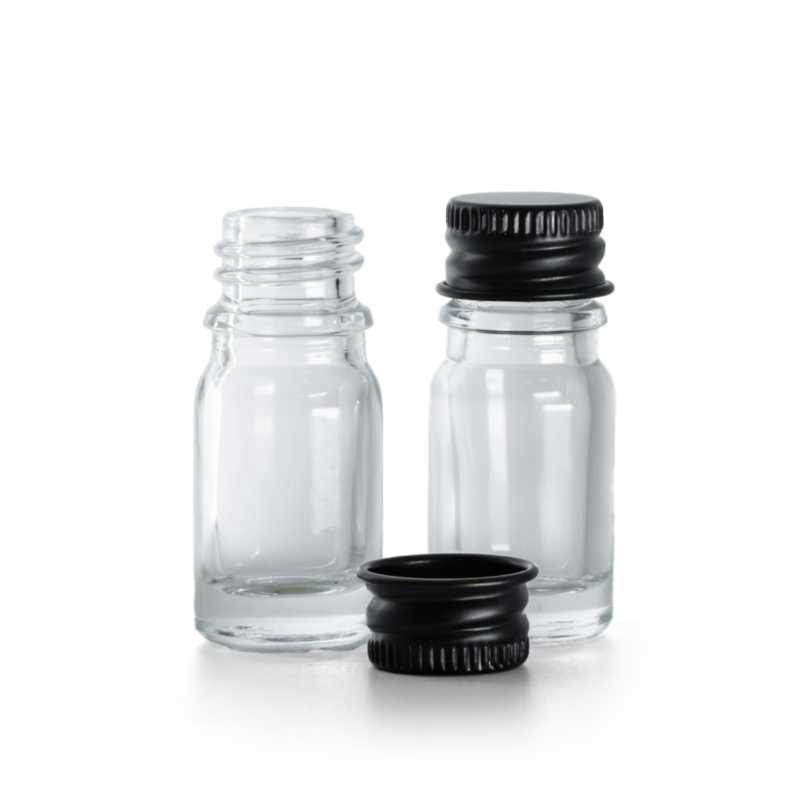 Bottiglia in vetro, trasparente, capsula in alluminio nera, 5 ml