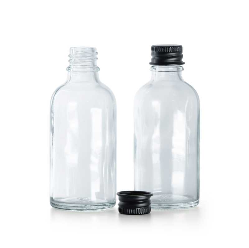 Flacone in vetro, trasparente, tappo in alluminio nero, 50 ml