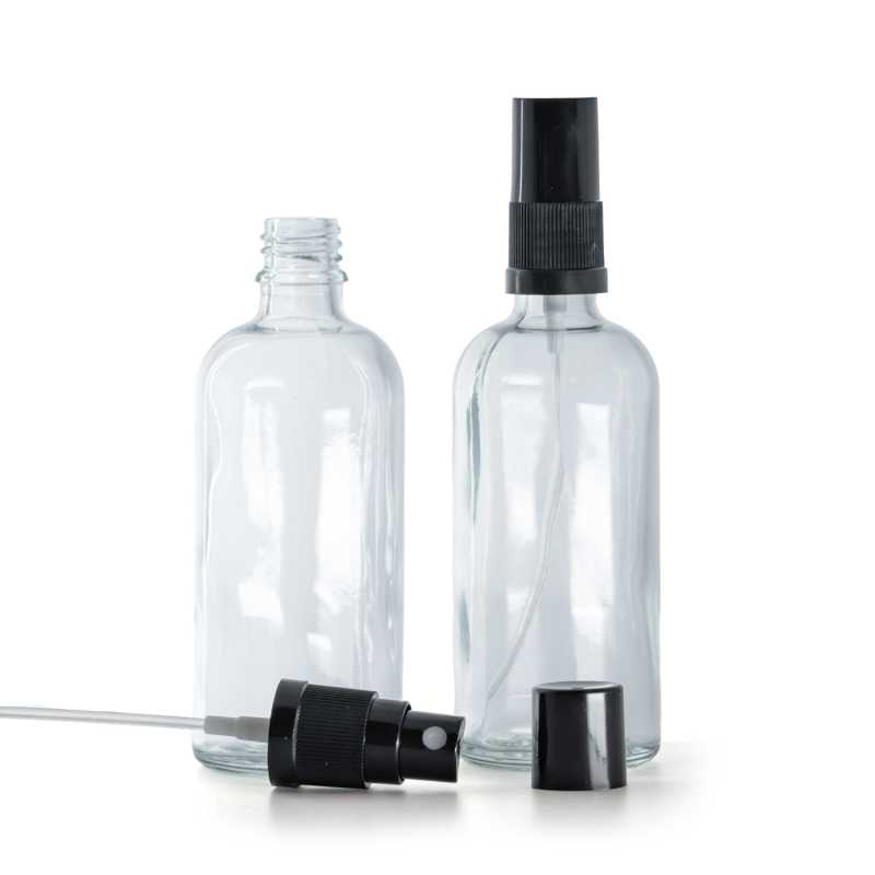 Bottiglia in vetro, trasparente, spruzzatore nero, tappo nero, 100 ml