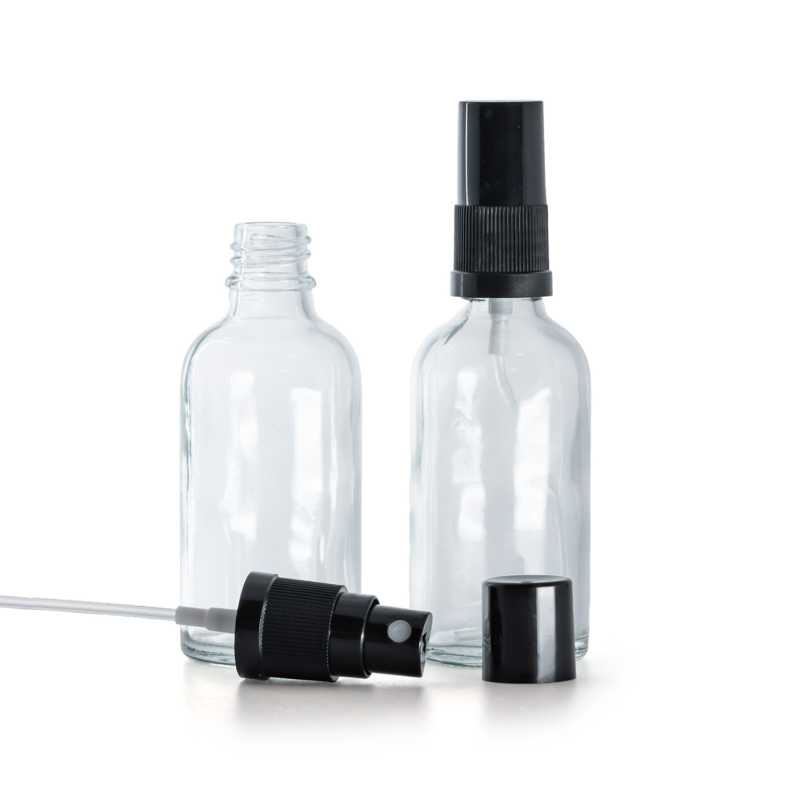 Bottiglia in vetro, trasparente, spruzzatore nero, tappo nero, 30 ml