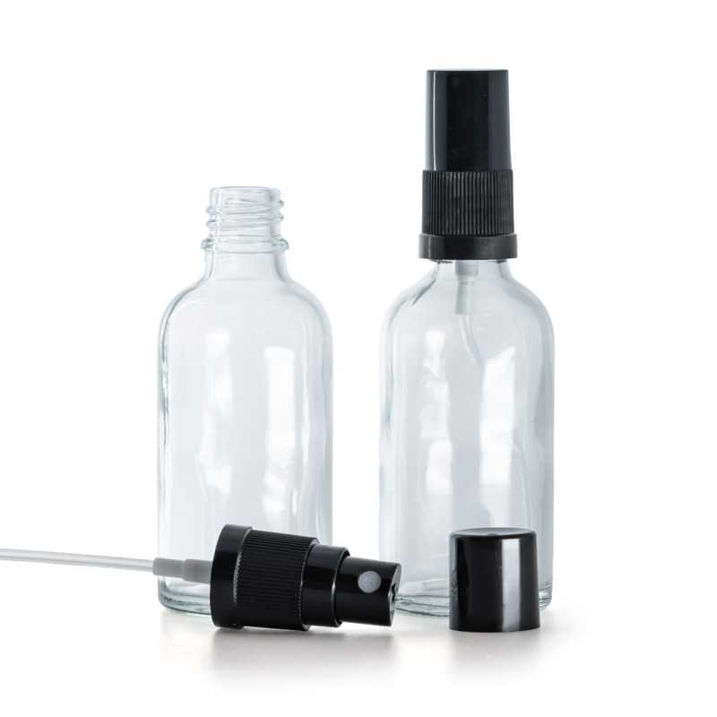 Bottiglia in vetro, trasparente, spruzzatore nero, tappo nero, 50 ml