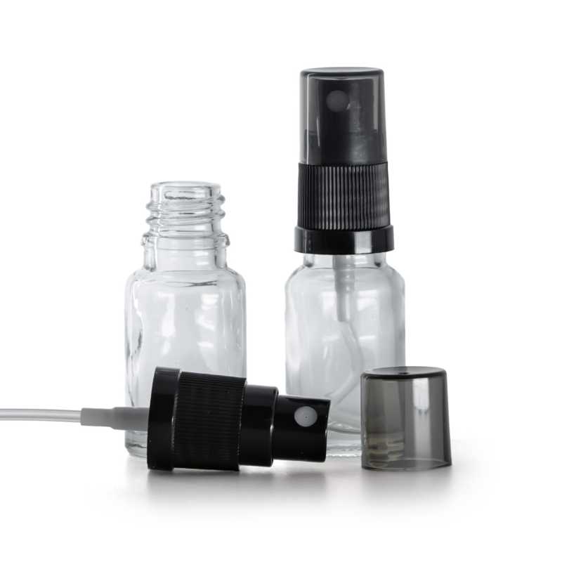 Flacone di vetro trasparente, spruzzatore nero, sopra-tappo fumé, 10 ml