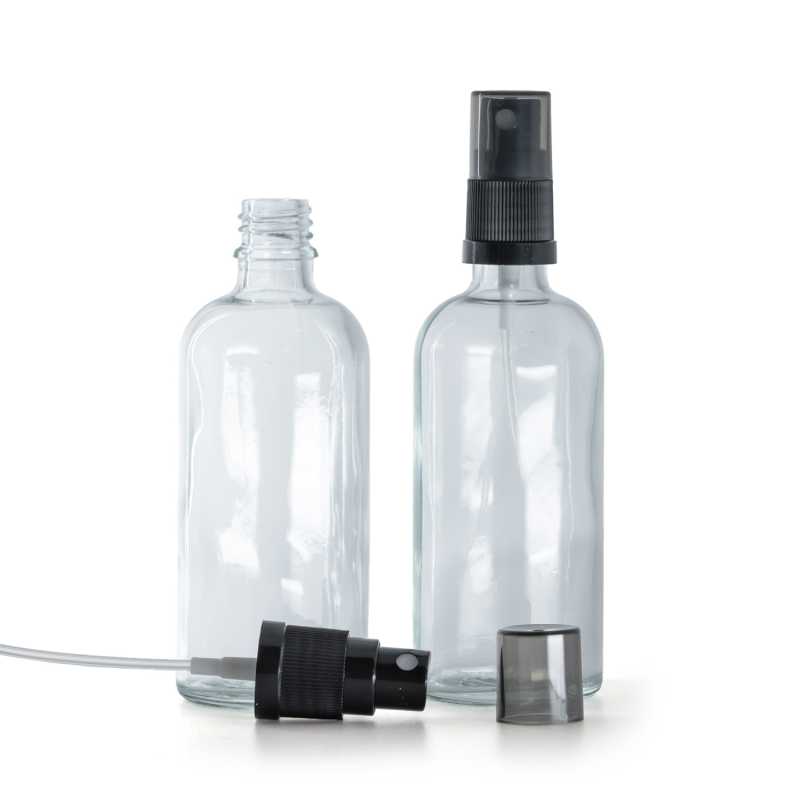 Flacone di vetro trasparente, spruzzatore nero a nebulizzazione fine, sopra-tappo fumé, 100 ml