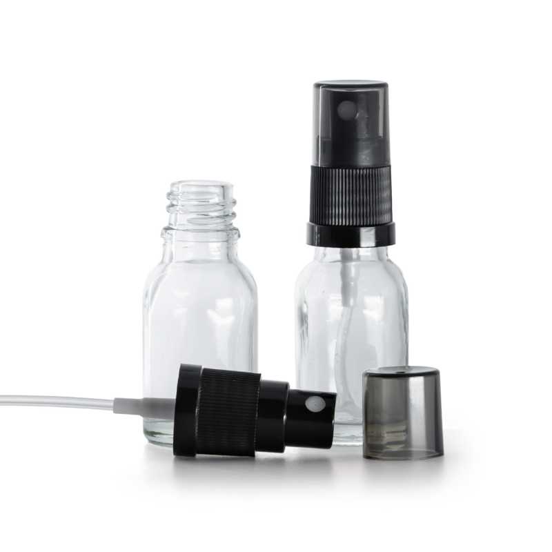 Flacone di vetro trasparente, spruzzatore nero a nebulizzazione fine, sopra-tappo fumé, 15 ml