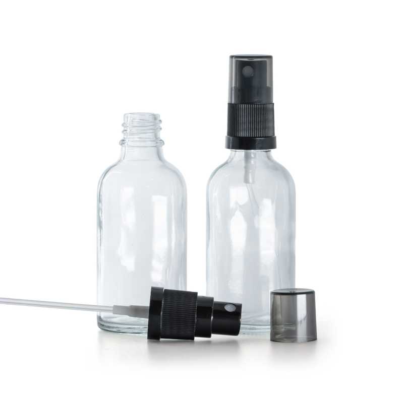 Flacone di vetro trasparente, spruzzatore nero a nebulizzazione fine, sopra-tappo fumé, 30 ml