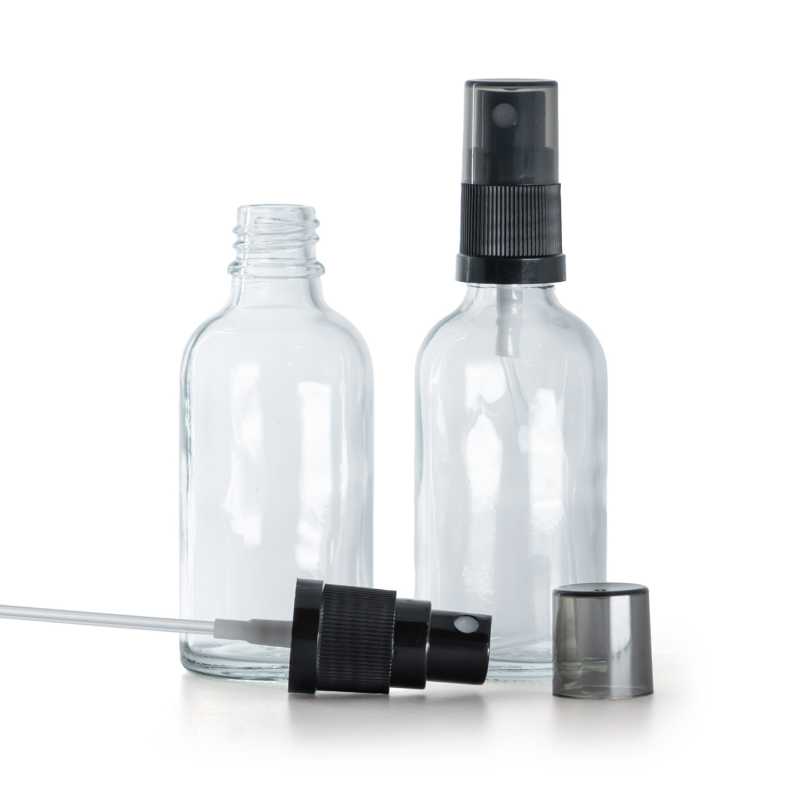 Flacone di vetro trasparente, spruzzatore nero, sopra-tappo fumé, 50 ml