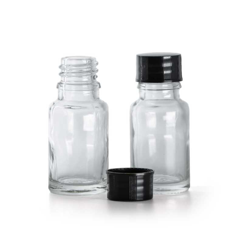 Bottiglia in vetro, trasparente, tappo nero, 10 ml