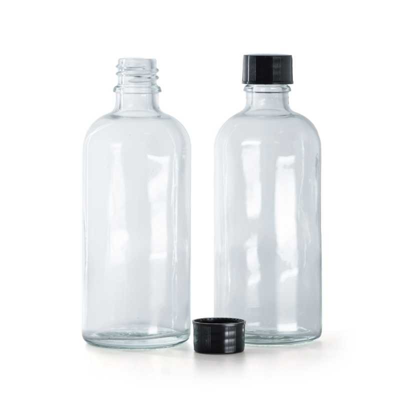Bottiglia in vetro, trasparente, tappo nero, 100 ml