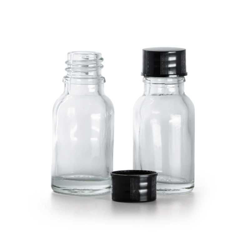 Bottiglia in vetro, trasparente, tappo nero, 15 ml