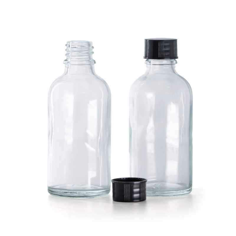 Bottiglia in vetro, trasparente, tappo nero, 30 ml