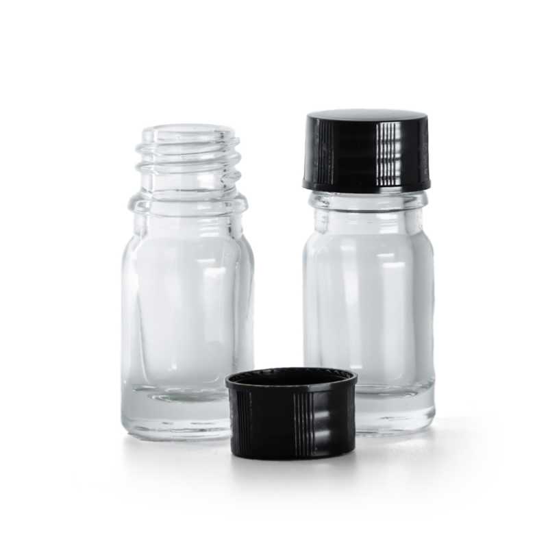 Bottiglia in vetro, trasparente, tappo nero, 5 ml