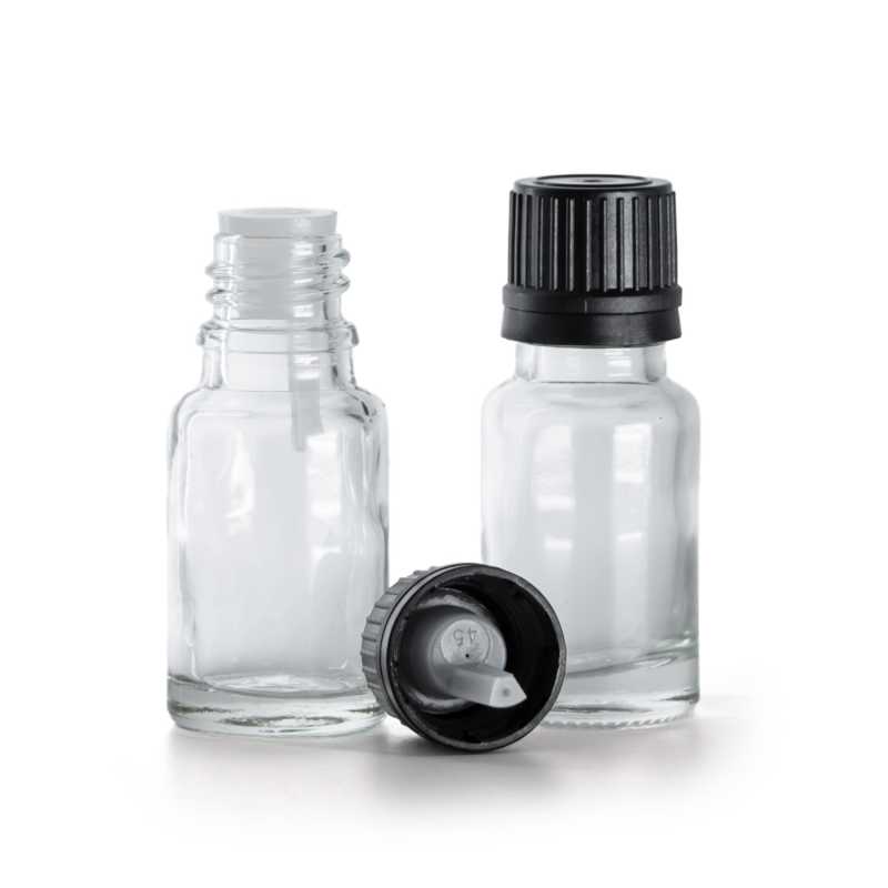Flacone di vetro trasparente, tappo nero con contagocce, 10 ml