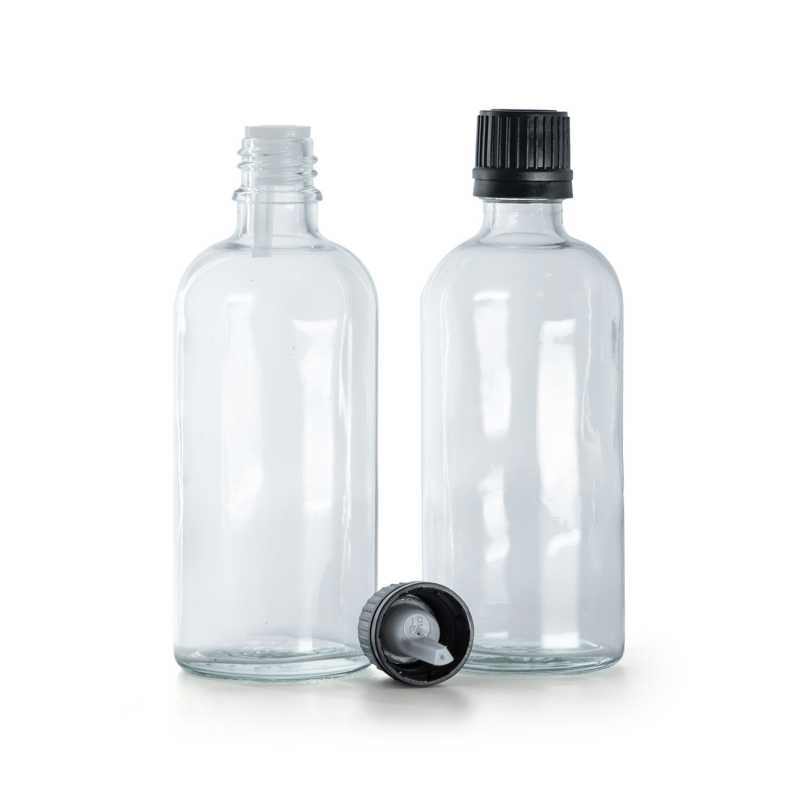 Flacone di vetro trasparente, tappo nero con contagocce, 100 ml
