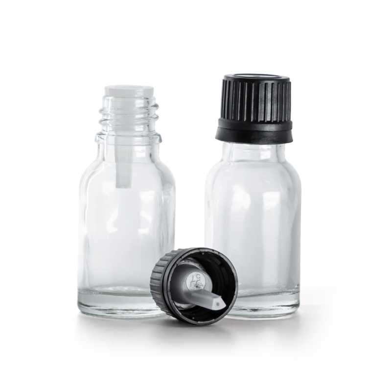 Flaconcino di vetro trasparente, tappo nero con contagocce, 15 ml