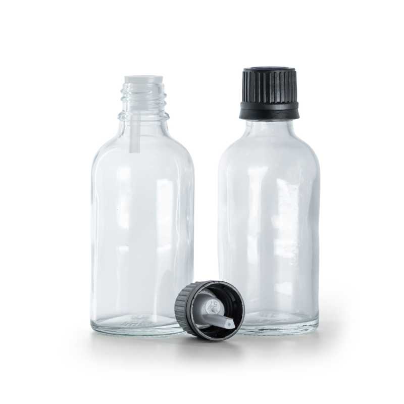 Flacone di vetro trasparente, tappo nero con contagocce, 30 ml