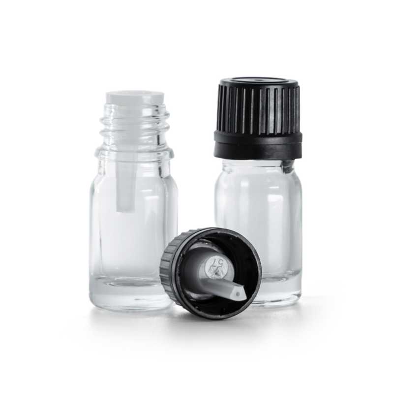 Flaconcino di vetro trasparente, tappo nero con contagocce, 5 ml